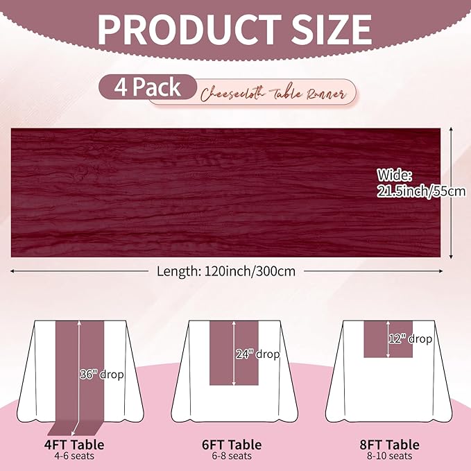 4 Pcs Burgundy Christmas Cheesecloth Table Runner 10Ft, Gauze Table Runners 21.5 x 120 inch, Semi Sheer Cheese Cloth Fabric Runner Bulk for Wedding,Party,Baby Shower,Bridal Shower