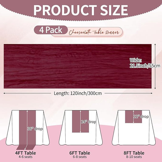 4 Pcs Burgundy Christmas Cheesecloth Table Runner 10Ft, Gauze Table Runners 21.5 x 120 inch, Semi Sheer Cheese Cloth Fabric Runner Bulk for Wedding,Party,Baby Shower,Bridal Shower
