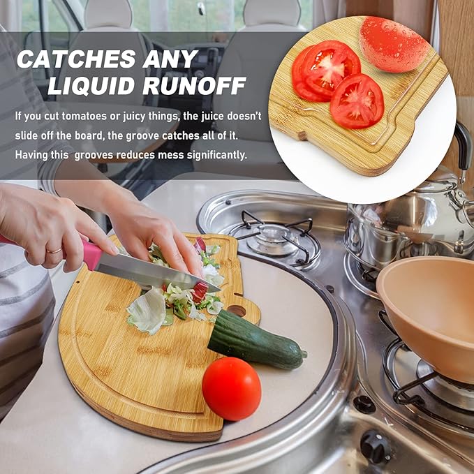 Happy Camper Bamboo Large Cutting Board, Rv Wooden Stove Top Cover Noodle Board,Meat Cutting Board for BBQ, Carving Board for Turkey,Large Charcuterie Board,RV Kitchen Decoration