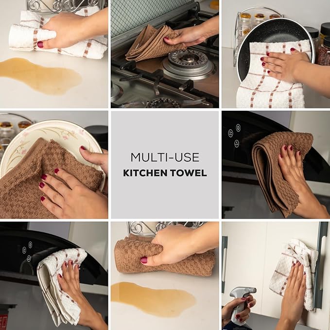 GOLD TEXTILES Kitchen Towels 12 Pack Premium 100% Cotton Dish Towels for Kitchen (15 x 25 Inches) Super Soft & Absorbent Kitchen Hand Towels for Drying Dishes, Cleaning - Reusable and Washable (Brown)