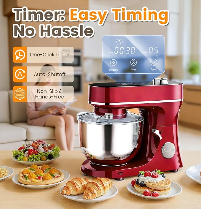 Bonnor Stand Mixer 6QT Kitchen Mixer with LED Smart Touchscreen, 11-Speed Tilt-Head Mixer with Timer, 4 Preset Menus, Stainless Steel Bowl, Dough Hook, Whisk, Beater,Red