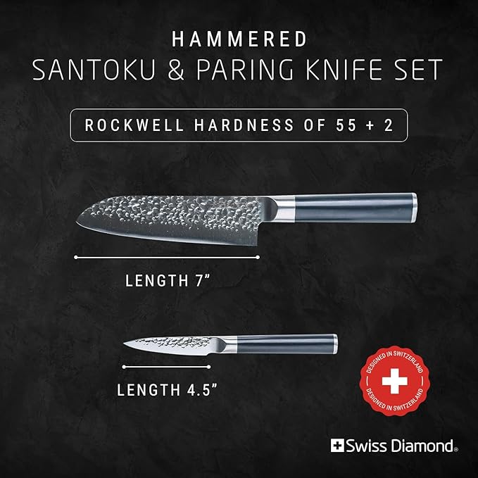 Swiss Diamond Santoku & Paring Knife, German Steel With ABS Handle, Half Tang Handle, Hammered Blade Chef Knives Professional Grade, 55+2 Rockwell Hardness, 7 & 4.5 Inch