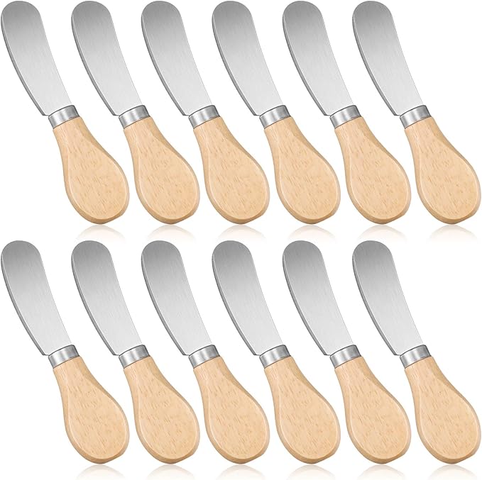 Patelai 12 Pcs Cheese Spreader Knives Butter Knife Bulk Stainless Steel Butter Spreader Knives with Wooden Handle, Cheese Cake Condiment Knife Set for Sandwich, Cream, Charcuterie, Pastry, 4.7 Inch