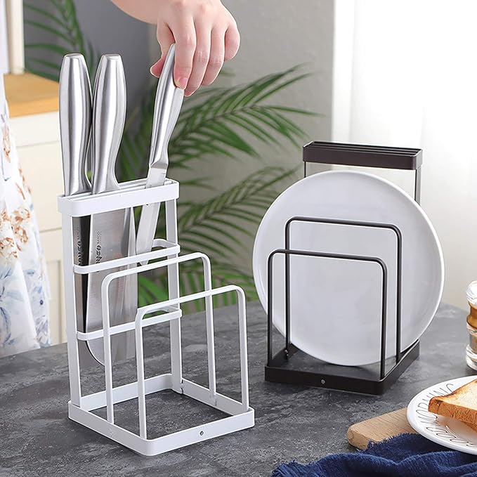 VANRA Metal Knife Block Without Knives, Multifunctional Knife Holder with 2 Layers Cutting Board Rack Dish Rack, Kitchen Storage Organizer,White