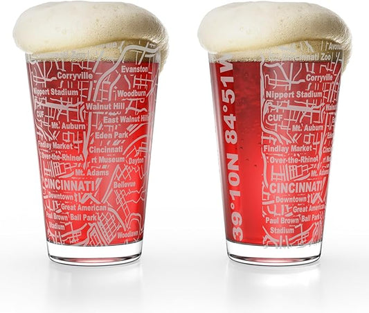 Greenline Goods – Cincinnati, OH Map Pint Beer Glasses (Set of 2), 16 oz – Etched Wrap Design