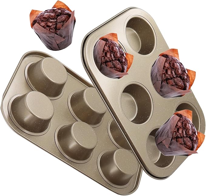 DRAONGYE 2 Packs Round Muffin Baking Pan, Premium Steel Muffin Pan for Baking, Nonstick Cupcake Tin Cheesecake Pans, Bakeware Muffin Top Pan (6 Cups, Golden)