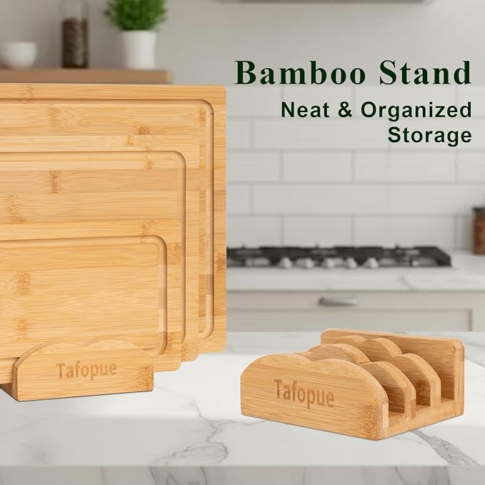 Tafopue Bamboo Cutting Board Set of 3 with Stand, Wooden Chopping Boards for Kitchen, Reversible Butcher Block with Juice Groove & Handle, Charcuterie Boards for Meat, Vegetables, Fruit, Cheese