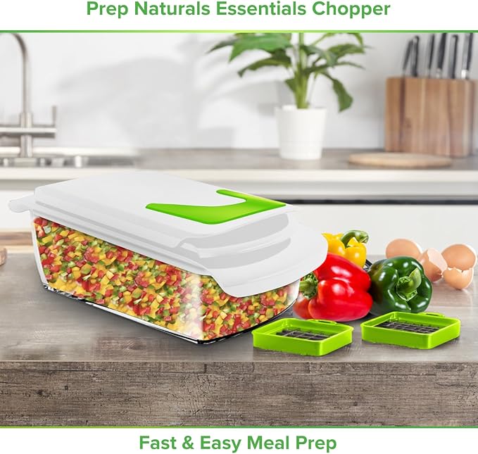 Prep Naturals 4-in-1 Veggie Chopper & Mandoline Slicer - Steel Vegetable Dicer Blades - Mess-Free Food Chopper & Container - Mandoline Vegetable Slicer for Uniform Cuts - White, Dishwasher-Safe