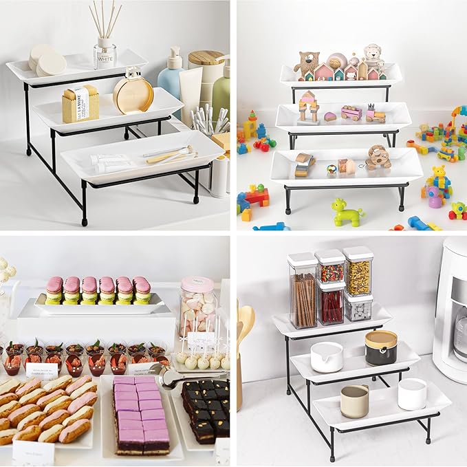 3 Tier Servings Tray for Party, 12"x6" Tiered Serving Platters with Steel Display Stand for Sevring Food,Cookies,Veggie, Dessert,Fruit, Black