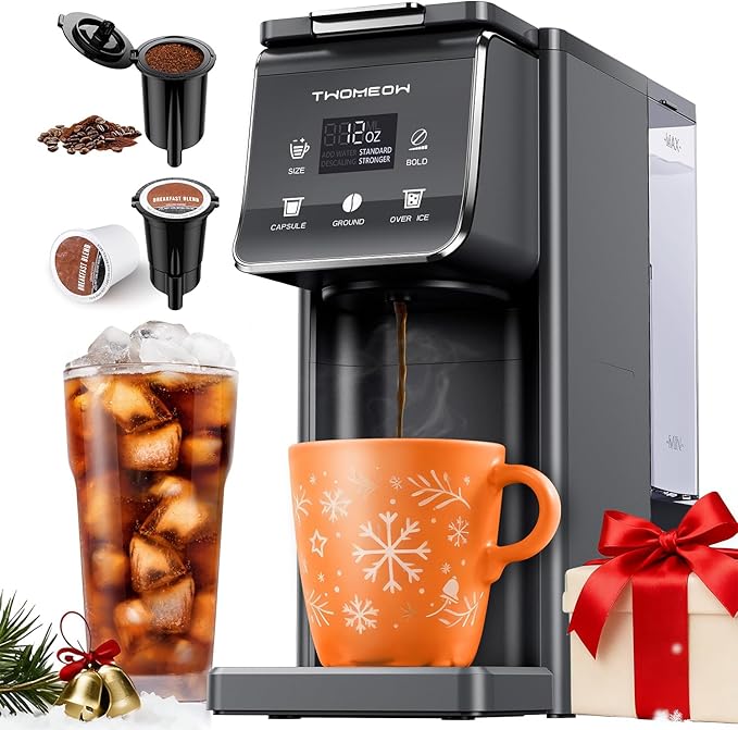 TWOMEOW K Cup Coffee Maker With Bold Setting, Single Serve Hot & Iced Coffee Maker for K-Cup and Grounds, 52oz Removable Reservoir, 6 to14oz Brew Sizes, Pod Coffee Machine With Reusable Filter, Gray