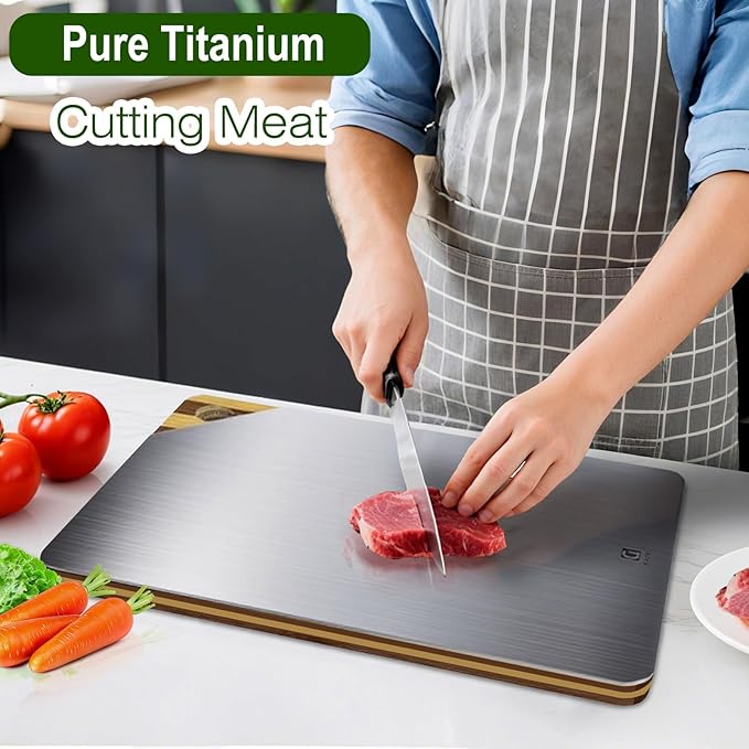 Cutting Board, Titanium Cutting Board for Kitchen, Pure Titanium and Natural Bamboo, with Deep Juice Grooves, Large Size 15.6”×11”