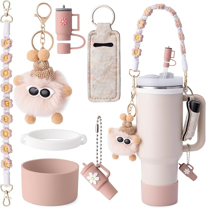Stanley Cup Accessories Set I Water Bottle Handle Strap, Silicone Cup Boot, Lipstick Holder, Keychain Charms & Handle Charms,Straw Topper Accessories for Stanley Cups 40oz/30oz