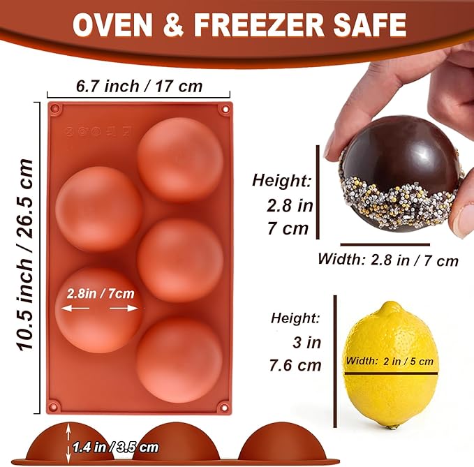 3 Pack Extra Large 5-Cavity Semi Sphere Silicone Molds, Half Sphere Baking Mold Non-Stick for Making Big Size Hot Chocolate Bomb, Jelly, Cake, Dome Mousse