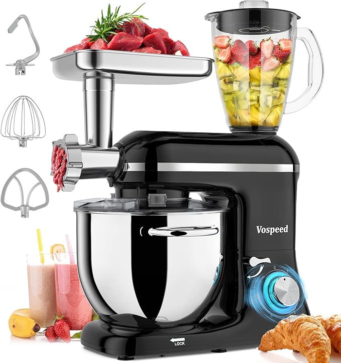 Stand Mixer 9 IN 1, 850W Tilt-Head Multifunctional Electric Mixer with 8 QT Stainless Steel Bowl, 1.5L Glass Jar, Meat Grinder, Hook, Whisk, Beater Dishwasher Safe (Black)