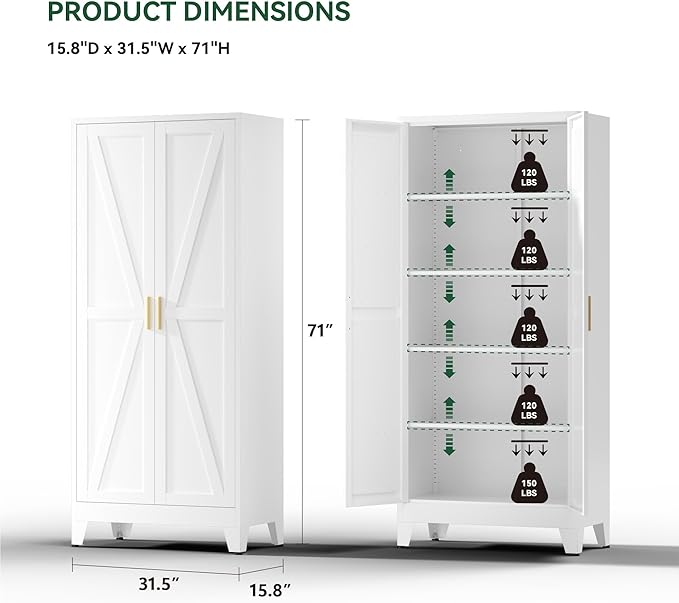 Kitchen Pantry Cabinet,71" H x 31.5" W,Metal Farmhouse Storage Cabinet with Adjustable Shelves and Barn Doors,5-Tier Storage Cabinet for Kitchen Dining Room Garage,White