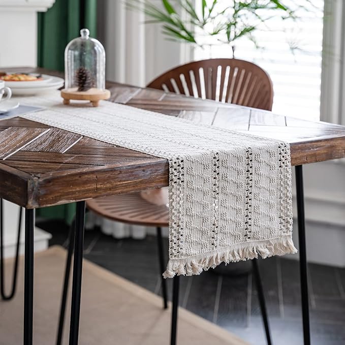 Alynsehom Macrame Table Runner Cream Beige Boho Table Runners with Tassels Hand Woven Cotton Table Runner Rustic Farmhouse Table Runners for Bohemian Kitchen Dining Table(12x95in)