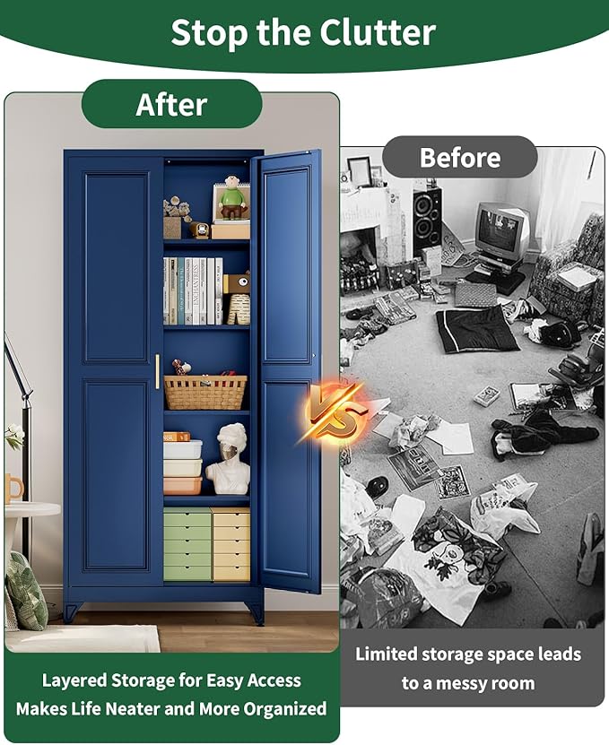 Metal Storage Cabinet with 2 Doors and 4 Adjustable Shelves, 74.8" H Kitchen Pantry Cabinets, Modern Tall Garage Cabinet for Files, Books, Tools, Toys