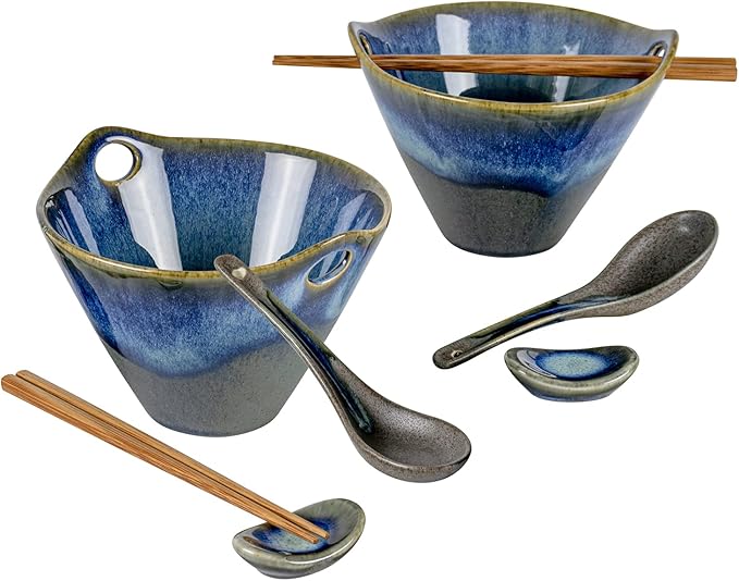 UNICASA Japanese Ramen Bowl Set with Chopsticks, Spoons and Rests, 20oz Deep Porcelain Noodle Bowl Set of 2 for Udon, Pho, Salad, Soup (Volcano Blue)
