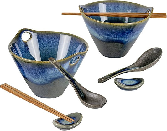 UNICASA Japanese Ramen Bowl Set with Chopsticks, Spoons and Rests, 20oz Deep Porcelain Noodle Bowl Set of 2 for Udon, Pho, Salad, Soup (Volcano Blue)