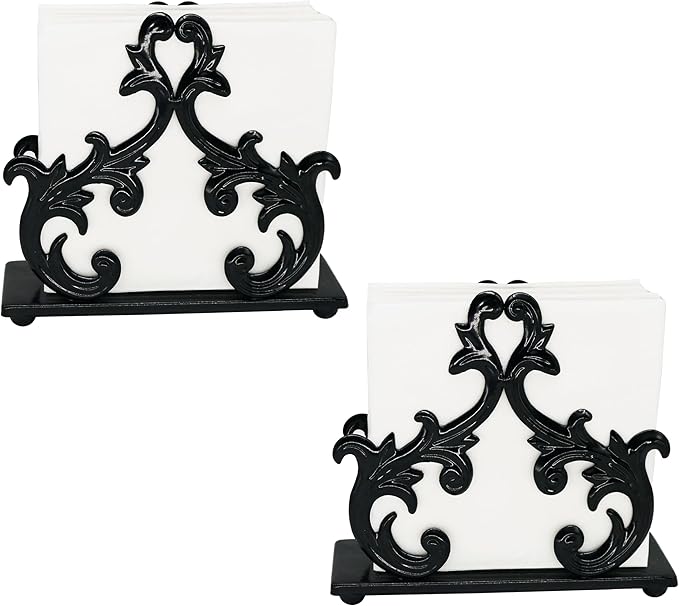 Owlgift Baroque Black Napkin Holder Set of 2 – Decorative Metal Tissue Rack for Tabletop, Mail, or Bill Organizer – 6 x 2 x 5.3 Inches, Glossy Finish for Home or Restaurant Use