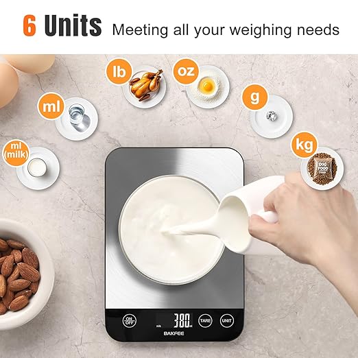 Food Scale, 33lb Rechargeable Kitchen Scale with Stainless Steel, Grams and Ounces, USB Charging, 1g High Accuracy for Baking, Cooking & Food Prep, BK806