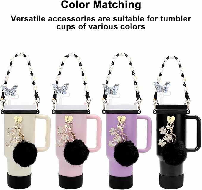 Accessories Set Including Water Bottle Handle Strap, Silicone Boot, Resin Butterfly Straw Cover, Straw Topper, Lip Balm Sleeve, Butterfly & Hairball Charms for Stanley Cup Tumbler