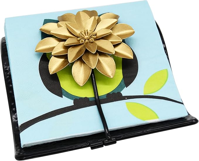 OwlGift Black Flat Napkin Holder w/Golden Flower Weighted Arm, Metal Cocktail Napkin Dispenser, Kitchen Counter Paper Towel Storage, Dining Table Organizer