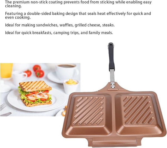 Focket Grilled Sandwich Maker, Non Stick Coating Double Sided Stovetop Panini Press Grill, Iron 26.74oz Square Toasted Panini Maker Pan for Home Kitchen Waffle Barbecue Steak, Easy (Gold)