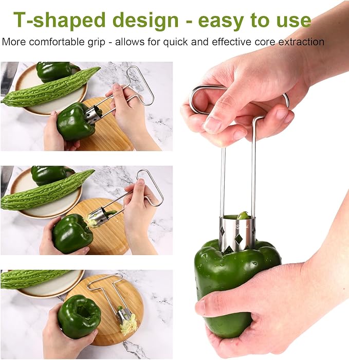 Red Bell Pepper Corer, Multi-Function Fruit & Vegetable Stem Remover Tool and Peeler Stainless Steel Top Kitchen Cooking Gadget for Tomato Carrot Apple Pear Pineapple