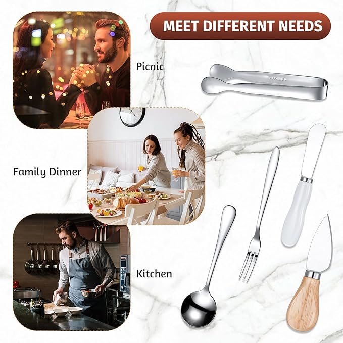 20 Pcs Charcuterie Board Accessories Cheese Butter Knife Set Charcuterie Utensils Butter Spreader Knife with Wooden Handles Mini Serving Tongs Spoon Appetizer Fork for Christmas Party(Chic Style)