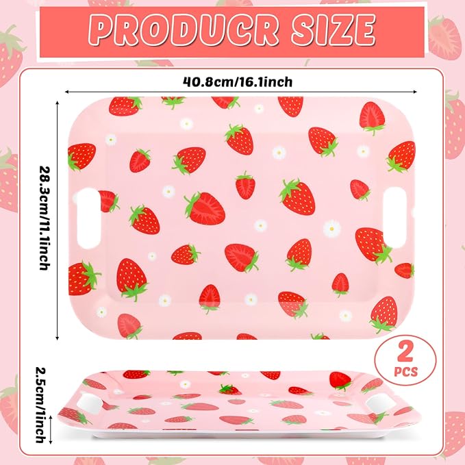 2Pcs Strawberry Serving Trays 16 x 11 Inch Large Melamine Strawberry Trays Platters with Handles Summer Berry Outdoor Food Trays Pink Serving Dishes for Strawberry Birthday Party Decorations