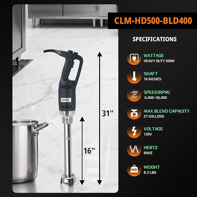 COOLUMA Commercial Immersion Blender, 500W Heavy Huty Hand Blender With 16 Inch Removable Shaft, 6,000-20,000 RPM Variable Speed, Industrial Hand Mixer For Pro Restaurant Kitchen.