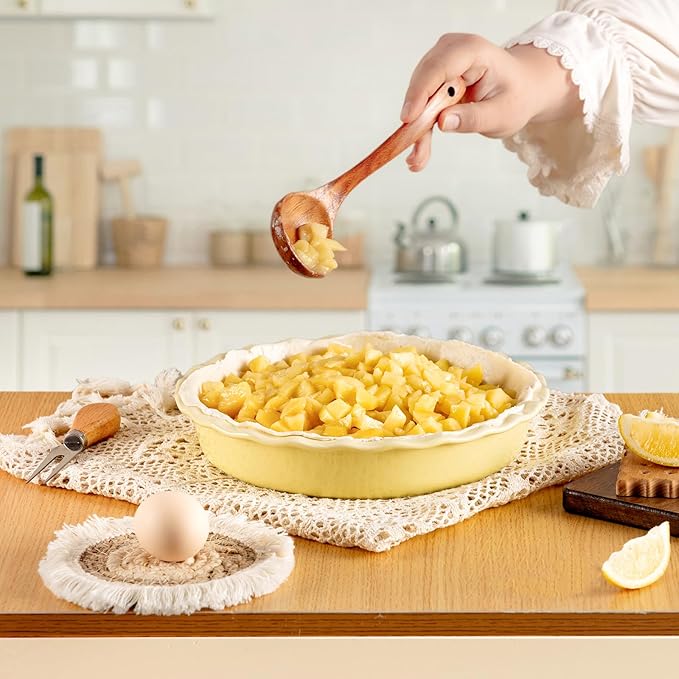 Avcylltty Ceramic Pie Pan for Baking 10 inch, Pie dish for Quiche, Apple Pie, Pot Pies, Deep dish pie plate with ruffled edges, Non-stick Cake Pan, Microwave,Dishwasher,and Oven Safe, Butter Yellow