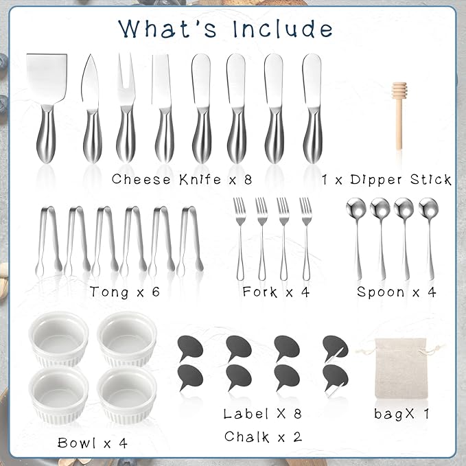 38 Pcs Summer Charcuterie Board Accessories Utensils Include Cheese Knife Set Bowls Cheese Markers Serving Tongs Spoons and Forks Honey Dipper for Butter Cheese and Pastry Making (Silver)