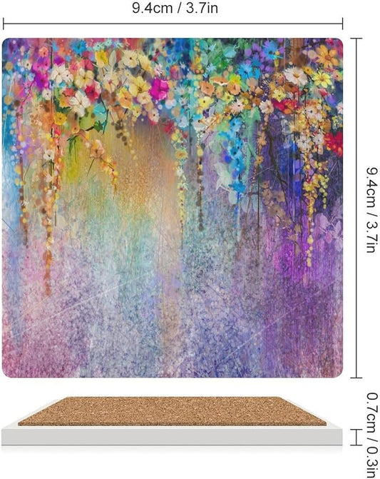 Floral Drink Coasters, Square Ceramic Drink Coaster Square-6PCS, Watercolor Weeds Blossoms Ivy Florets Shrubs Design Decor Absorbent Ceramic Coasters for Beverage Cup, Bar, Coffee Table
