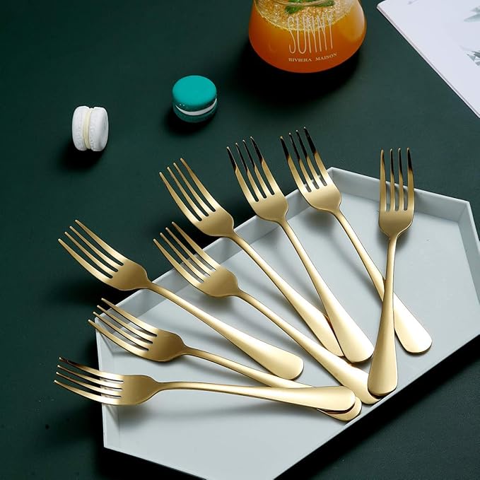 Gold Dinner Forks of 12, Berglander 7.9" Stainless Steel Titanium Shiny Gold Plating Fork And Spoons Silverware, Golden Table Forks Set Sturdy And Dishwasher Safe