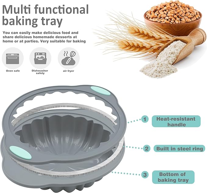 Jasybo 3-Piece Silicone Round Cake Pan Set, Metal-Frame Non-Stick Baking Trays, Jelly Molds, Non-Stick Grooved Cake Molds, Suitable for Breads, Meat Patties, Cakes, 5/7/9 Cups, Light Gray