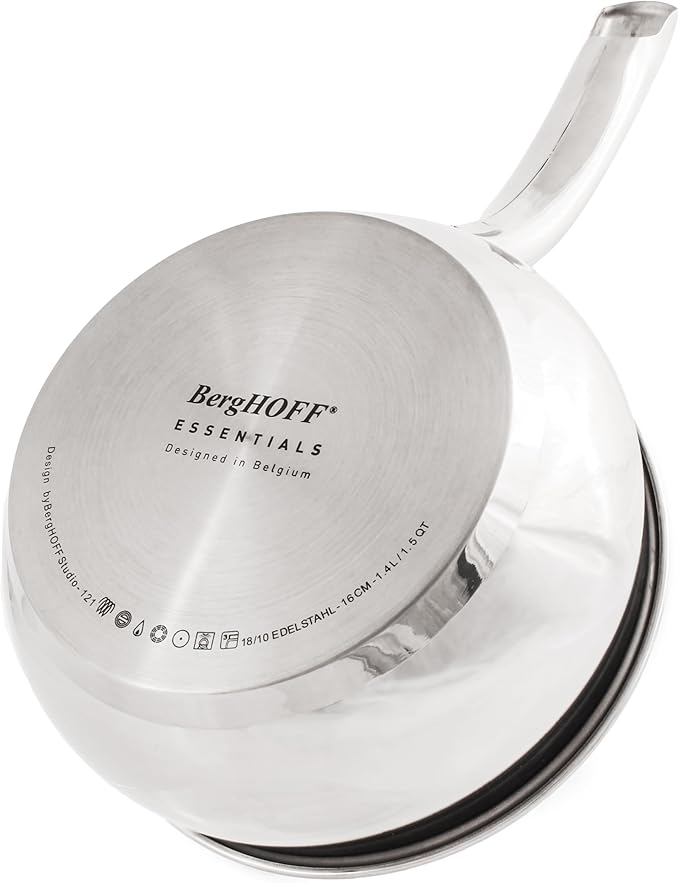BergHOFF Belly Shape 18/10 Stainless Steel 6.25 Inches Saucepan 1.5qt., Glass Lid, Fast, Evenly Heat, Induction Cooktop Ready