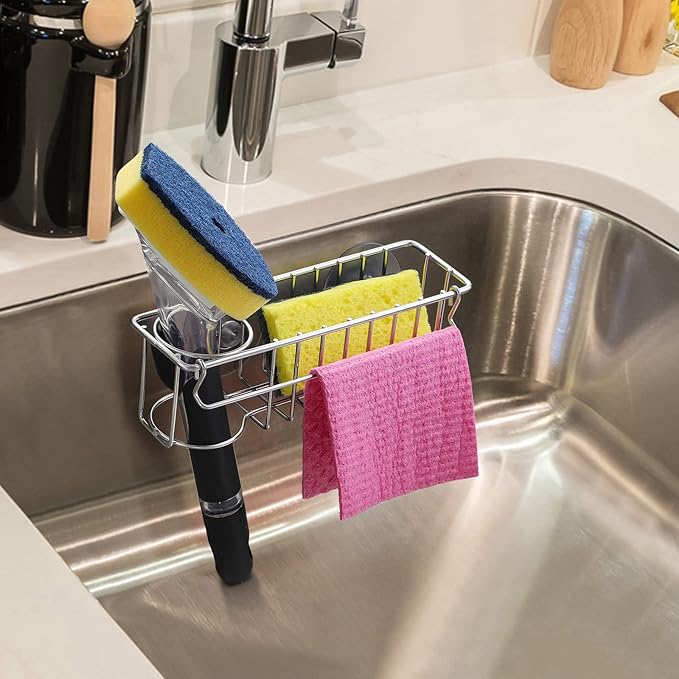 3-In-1 Sponge Holder for Kitchen Sink with Suction Cups & Adhesive Hook , In-sink Sponge Holder, Wall Hanging Sink Organizer Rack - Sponge, Dish Cloth, Brush, Scrubber - 304 Stainless Steel
