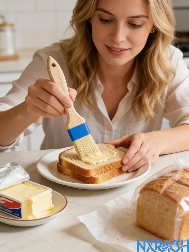 Pastry Basting Brush - Food Grade, Non-Shedding Natural Bristle, Heat Resistant Wooden Handle, Durable Kitchen Tool for Baking, Cooking, Butter, Egg Wash, Glazing, Oil, Sauce (Set of 2, 1.5", Blue)