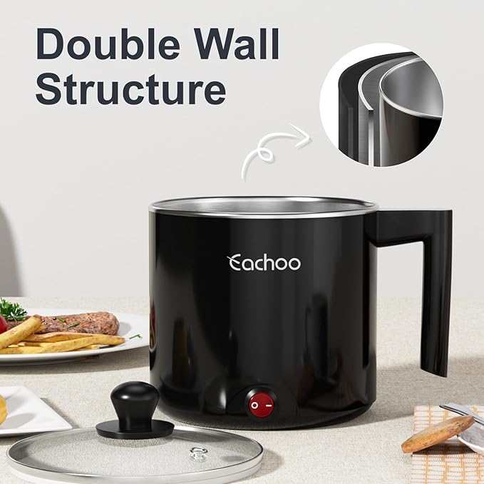 Electric Hot Pot - 1L Ramen Cooker, Mini Portable Multi-Functional Lazy Pot for Noodles, Soup, Non-Stick Cooker with Boil Dry Protection for Dorm, Office