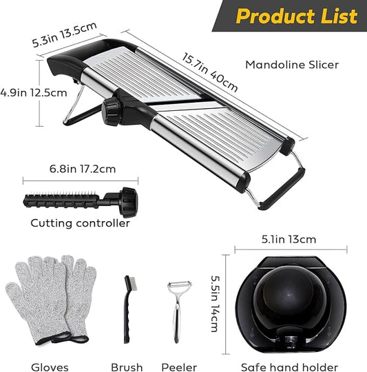 Mandoline slicer, Stainless Steel adjustable Mandoline vegetable slicer, mandoline for kitchen, Vegetable Cutter potato,onion,cucumber slicer, with paring knife, brush and cutproof gloves