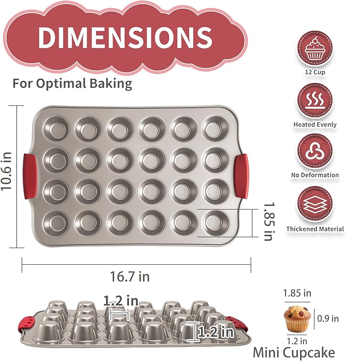 Shinsin Mini Muffin Pan, 24 Tin Cupcake Pan, Nonstick Small Muffin Tray with Silicone Grip Handles, Durable Mini Cheesecake Cup Cake Pans for Baking, 2-PACK,Gold