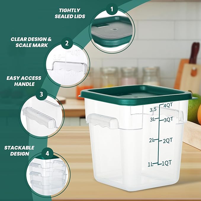 STEELUS 4 Pack Food Storage Containers, 4 Quart with Lids, Square Commercial Containers with Scale, Clear NSF Food Organizing, Polycarbonate