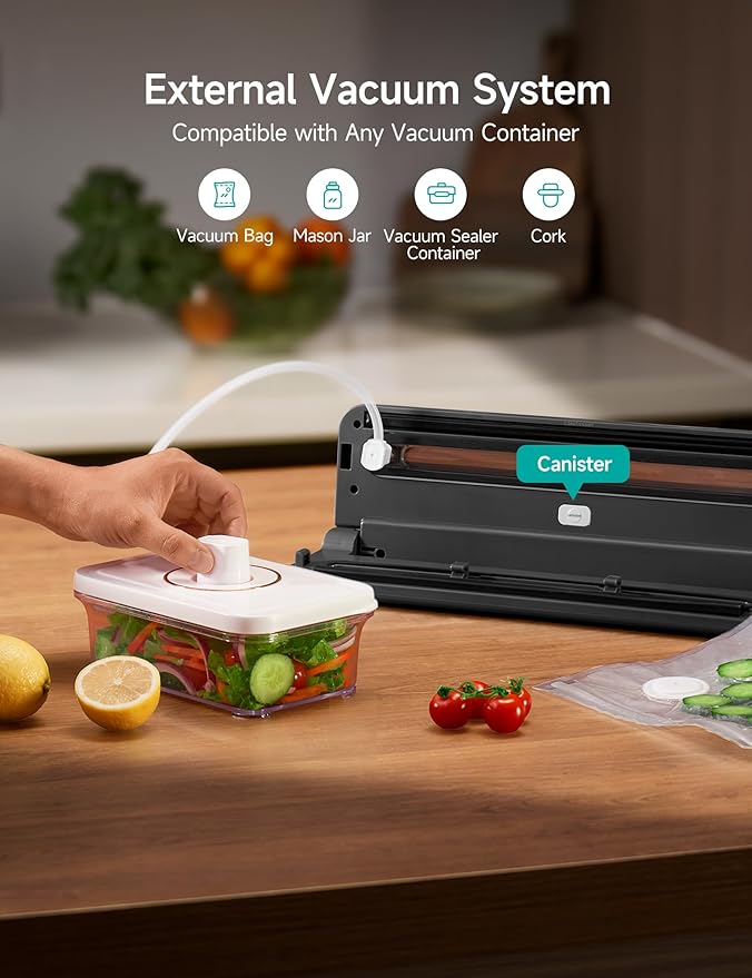 HiCOZY Compact Vacuum Sealer for Food, 5-in-1 Functions Vacuum Sealer with Detachable Drip Tray, Double Heat Seal, Built-in Cutter, 10 BPA-Free Bags, Space Gray