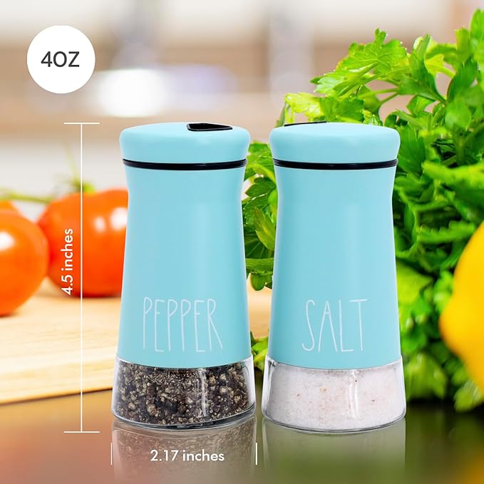 Teal Salt and Pepper Shakers with Adjustable Pour Holes, Refillable Salt Shaker by Aelga, Ideal for Himalayan, Kosher, Black and White Pepper, Teal Kitchen Accessories