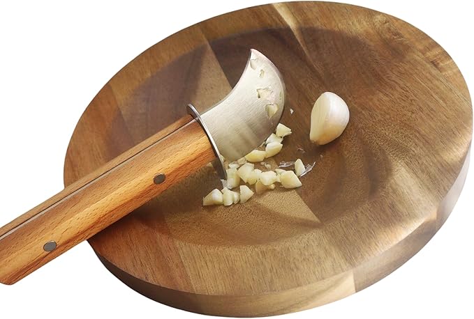 Round Mezzaluna Cutting Board 8" Charcuterie Gourmet Serving Board with One Handed Rocker Knife for Steak,Cheese,Small Veggie n Fruits