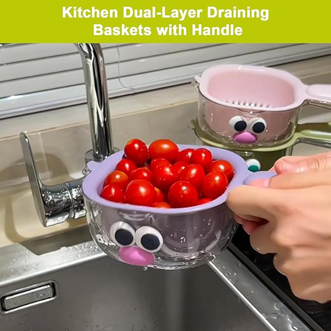 Kitchen Dual Layer Draining Basket with Handle,Double Drain Plastic Fruit Washing Bowl, Handy Mini Berry and Tomato Washer, Fruit Storage Container (Green)