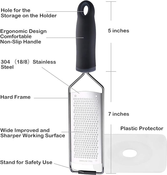 Stainless Steel Cheese Grater, Ergonomic Soft Handle Lemon Ginger Potato Zester with Plastic Cover
