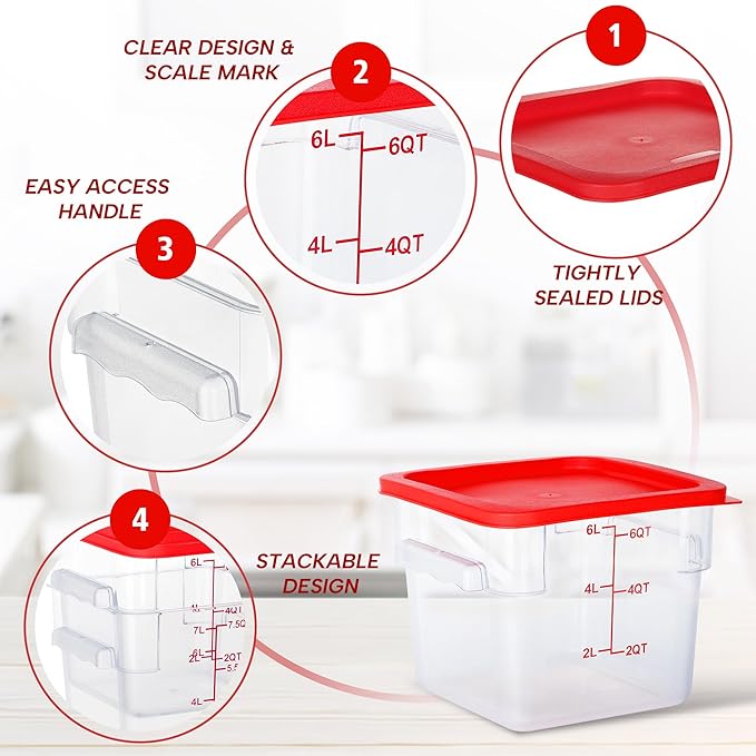 STEELUS 4 Pack Food Storage Containers, 6 Quart with Lids, Square Commercial Containers with Scale, Clear NSF Food Organizing, Polycarbonate
